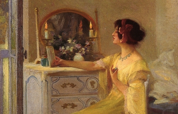 Alt text: Painting of a seated woman in a yellow dress
