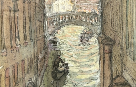 Alt text: Painting of a waterway with a bridge crossing it