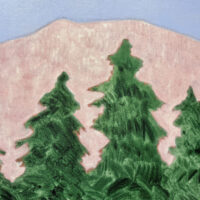 Alt text: Painting of fir trees in front of pink mountains