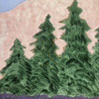 Alt text: Painting of fir trees in front of pink mountains