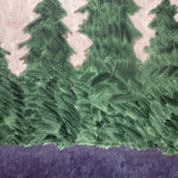 Alt text: Painting of fir trees in front of pink mountains