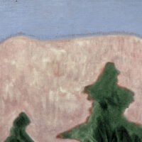 Alt text: Painting of fir trees in front of pink mountains