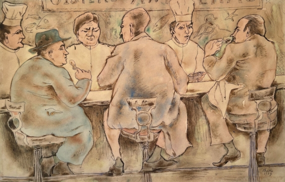 Alt text: Painting of people sitting at a bar