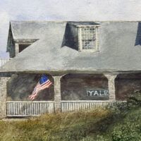 Alt text: Watercolor painting of a house with an American flag
