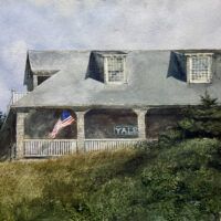 Alt text: Watercolor painting of a house with an American flag