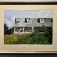 Alt text: Watercolor painting of a house with an American flag, framed