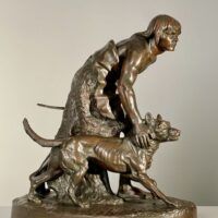 Alt text: Bronze sculpture of a figure with a dog