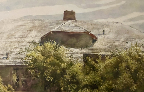 Alt text: painting of a house partially covered by trees