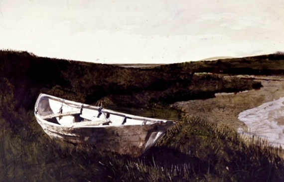 Alt text: Painting of a wooden boat in the grass