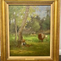 Alt text: Painting of an outdoor scene with a boy and cows