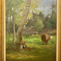 Alt text: Painting of an outdoor scene with a boy and cows