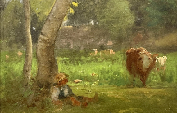 Alt text: Painting of an outdoor scene with a boy and cows