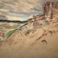 Alt text: Pastel drawing of a canyon