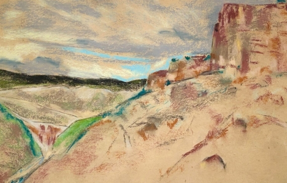 Alt text: Pastel drawing of a canyon