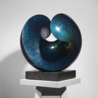 Alt text: Blue spherical bronze sculpture