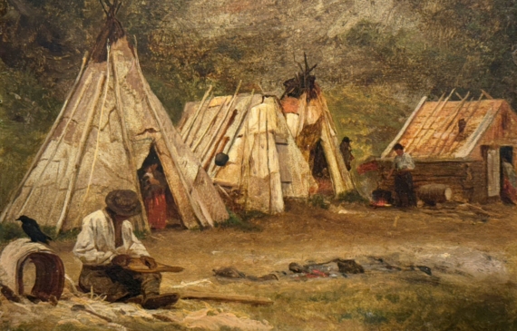 Alt text: Oil painting of a campsite
