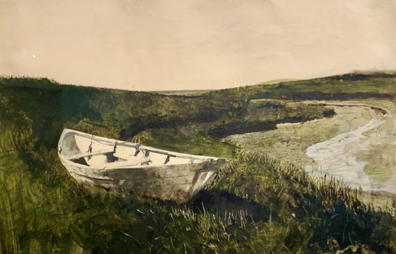 Alt text: Painting of a wooden boat in the grass