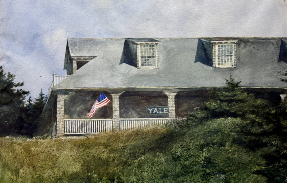 Alt text: Watercolor painting of a house with an American flag