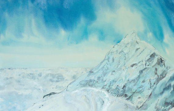 Alt text: watercolor painting of snow-covered mountains