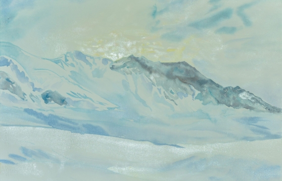Alt text: watercolor painting of snow-covered mountains