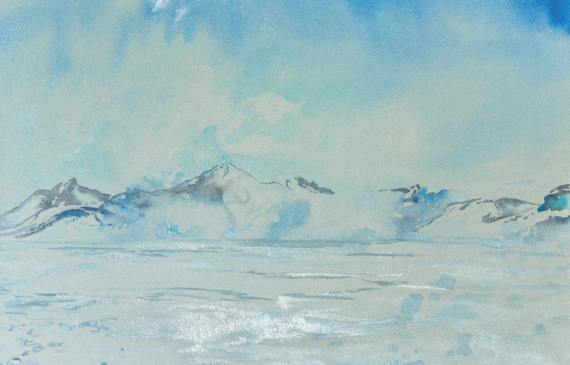 Alt text: watercolor painting of snow-covered mountains