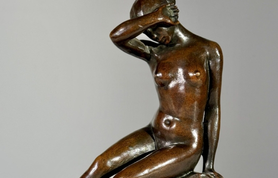 Alt text: Bronze sculpture of a nude figure seated with a hand over her eyes