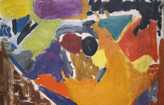 Alt text: Abstract painting with different shapes and sections, framed