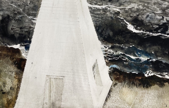 Alt text: Painting of a pyramidal bell tower with water in the background