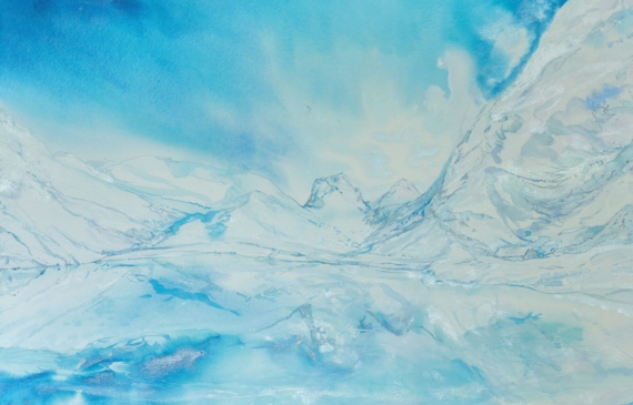 Alt text: watercolor painting of snow-covered mountains
