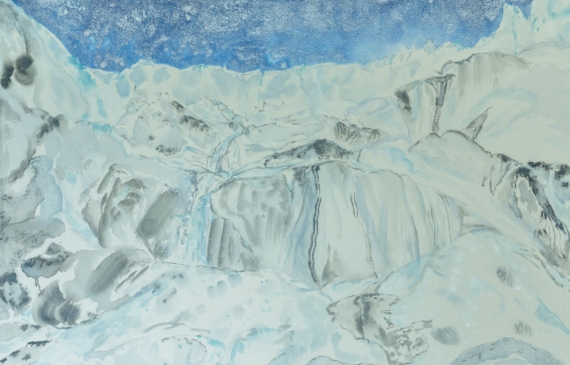 Alt text: watercolor painting of a snow-covered glacier