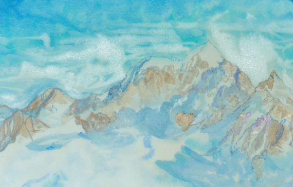 Alt text: watercolor painting of snow-covered mountains