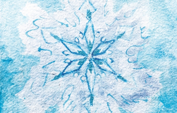 Alt text: watercolor painting of a snowflake in blue and white