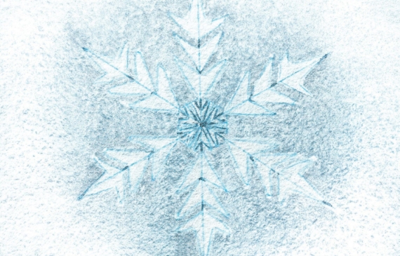 Alt text: watercolor painting of a snowflake in blue and white