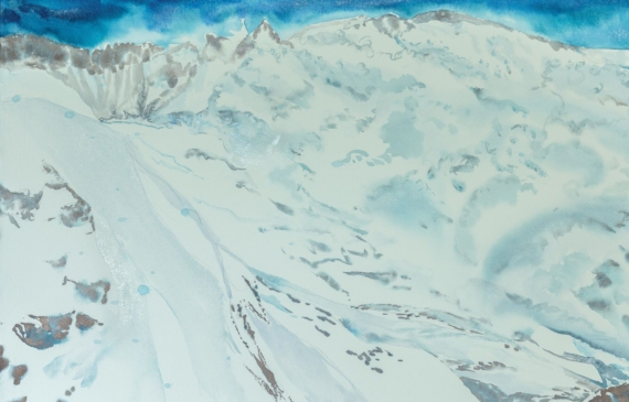 Alt text: watercolor painting of snow-covered mountains
