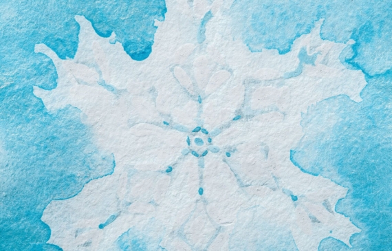 Alt text: watercolor painting of a snowflake in blue and white
