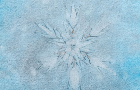 Alt text: watercolor painting of a snowflake in blue and grey