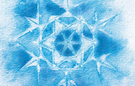 Alt text: watercolor painting of a snowflake in blue and white