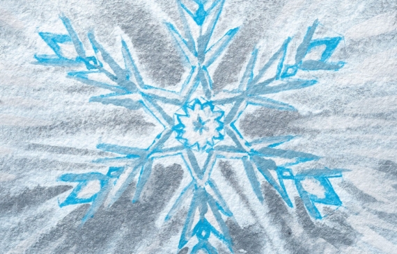 Alt text: watercolor painting of a snowflake in blue and grey