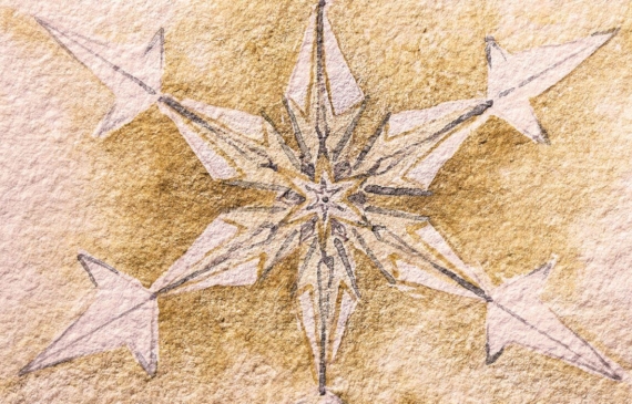Alt text: watercolor painting of a snowflake in brown