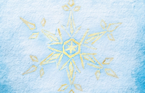 Alt text: watercolor painting of a snowflake in blue and yellow