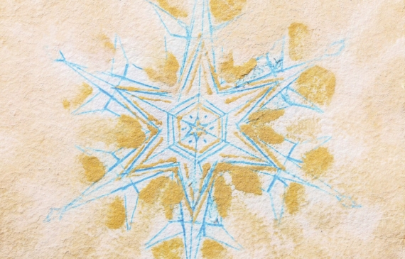 Alt text: watercolor painting of a snowflake in blue and orange