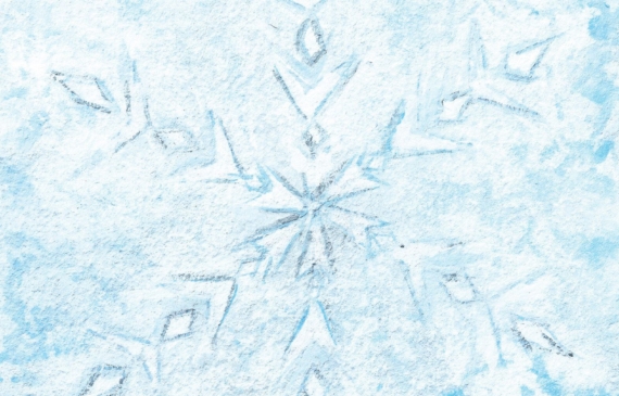 Alt text: watercolor painting of a snowflake in blue