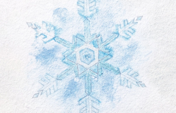 Alt text: watercolor painting of a snowflake in blue