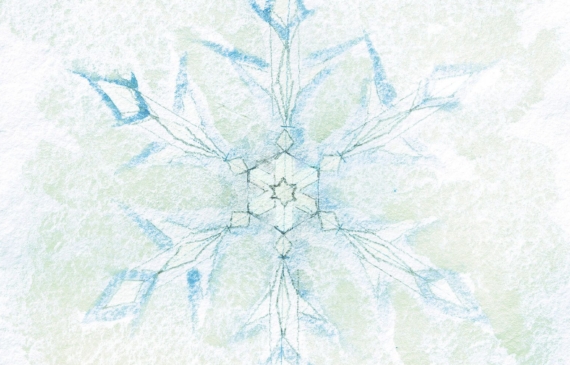 Alt text: watercolor painting of a snowflake in blue