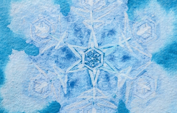 Alt text: watercolor painting of a snowflake in blue