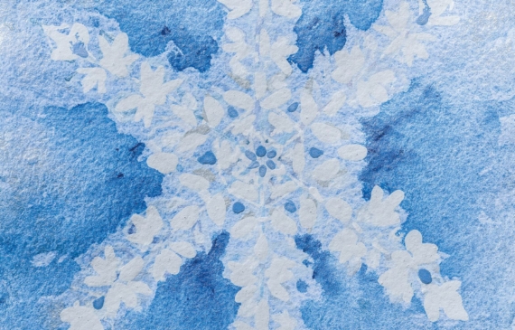 Alt text: watercolor painting of a snowflake in blue