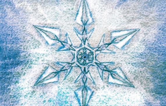 Alt text: watercolor painting of a snowflake in blue and white