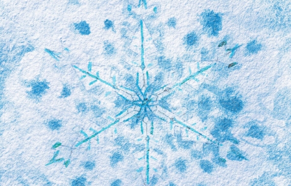 Alt text: watercolor painting of a snowflake in blue
