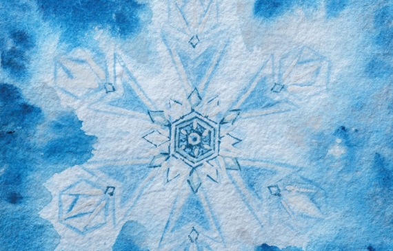 Alt text: watercolor painting of a snowflake in blue