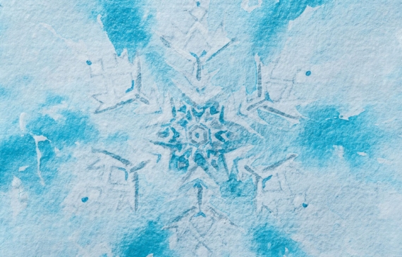 Alt text: watercolor painting of a snowflake in blue